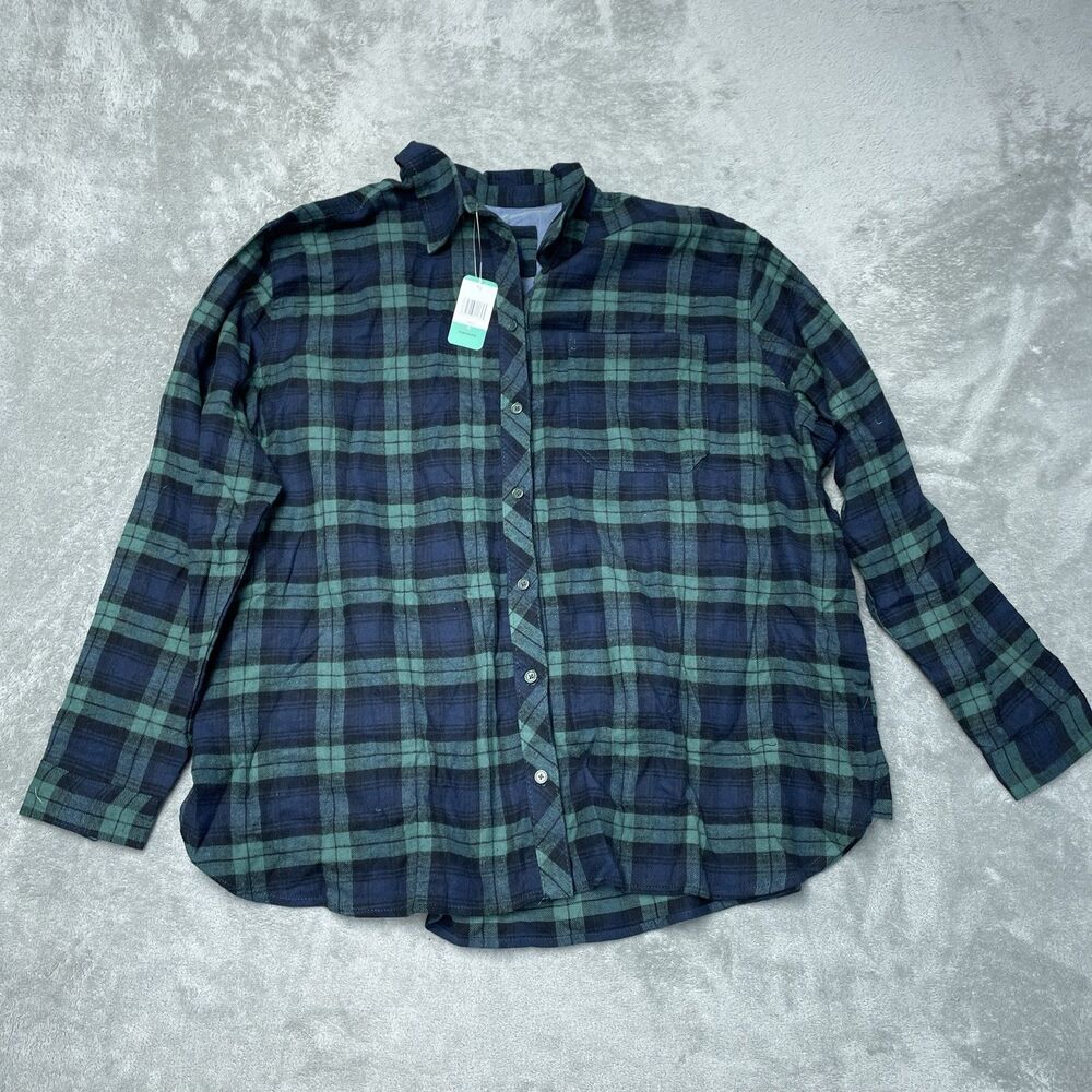 Lands' End Women's XL Plaid Blouse Green Cotton Blend H0933